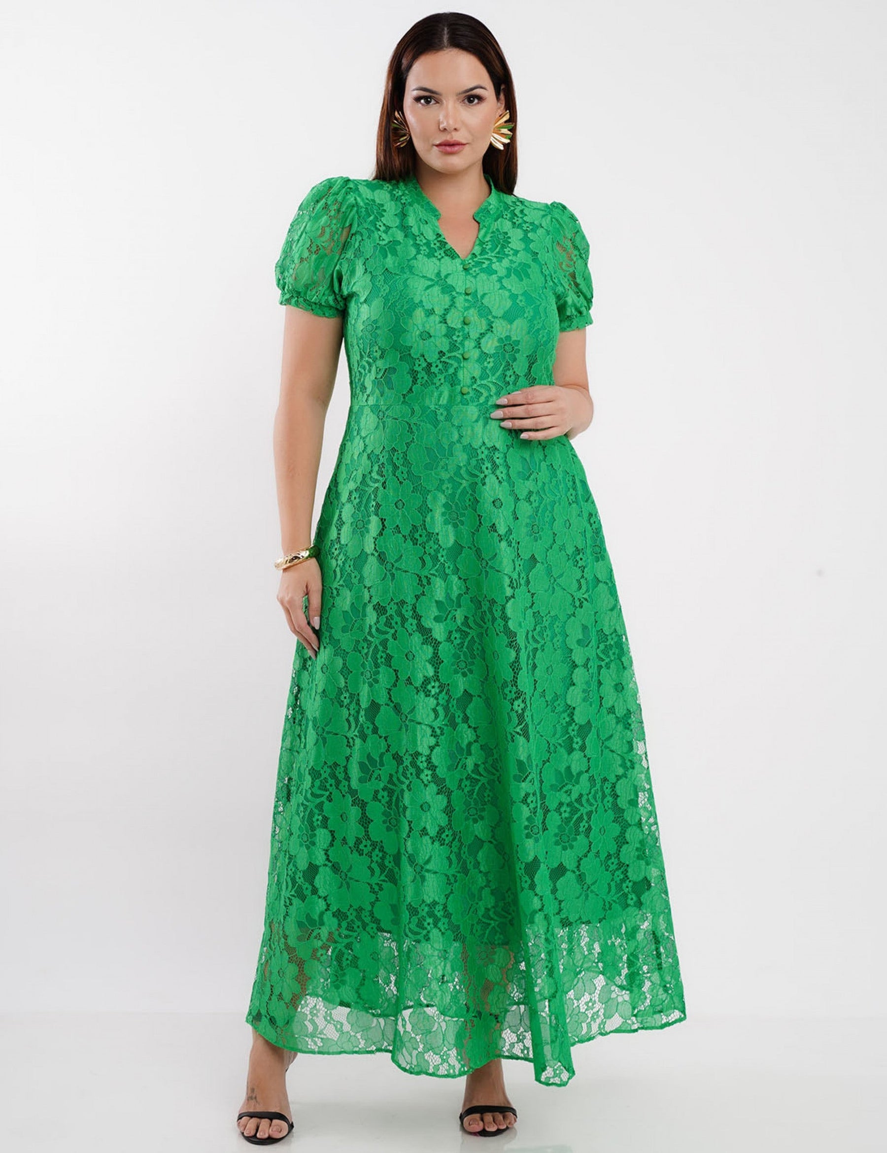 Vestido Longo Renda Com Botões