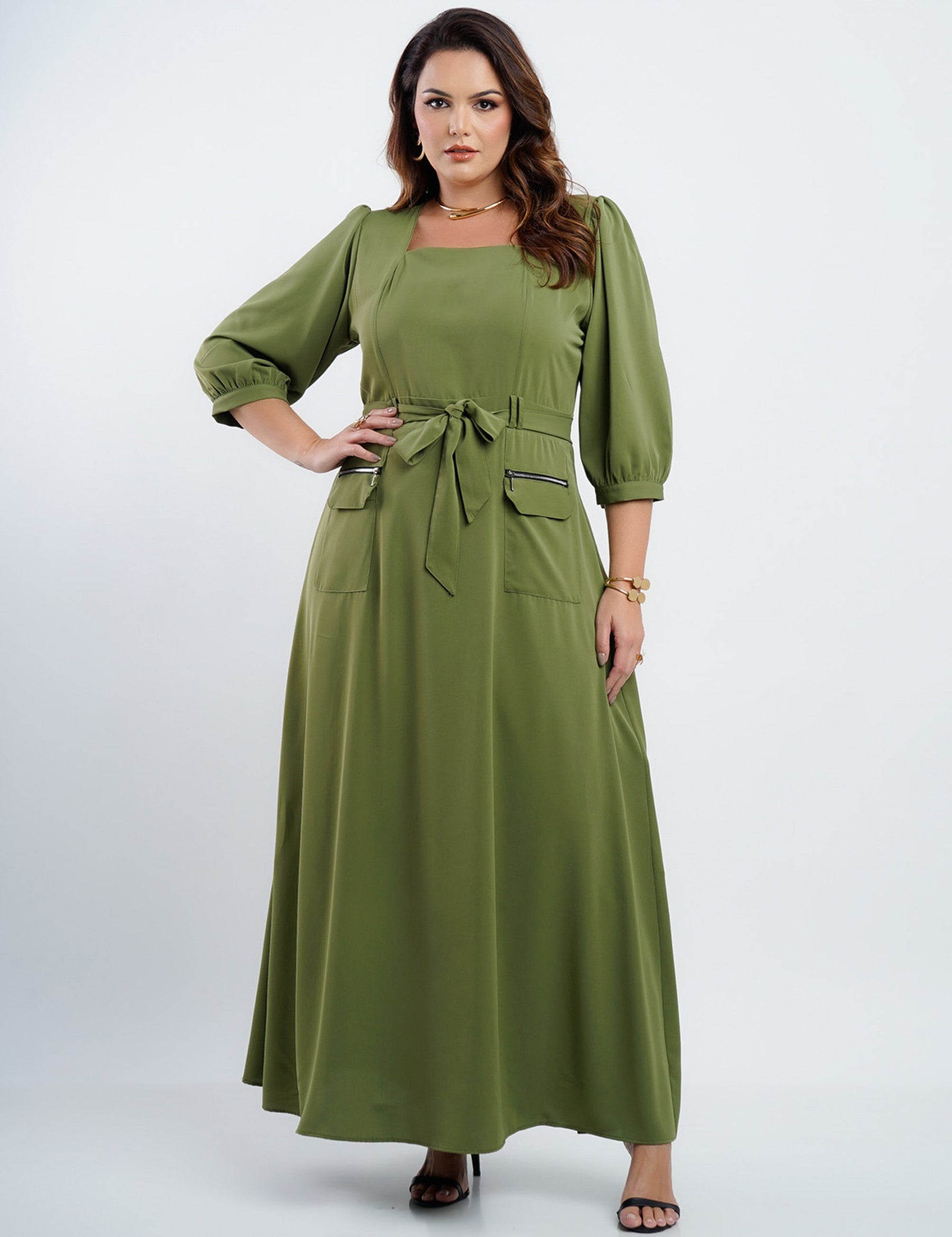 Vestido Longo Crepe Zíper Bolso