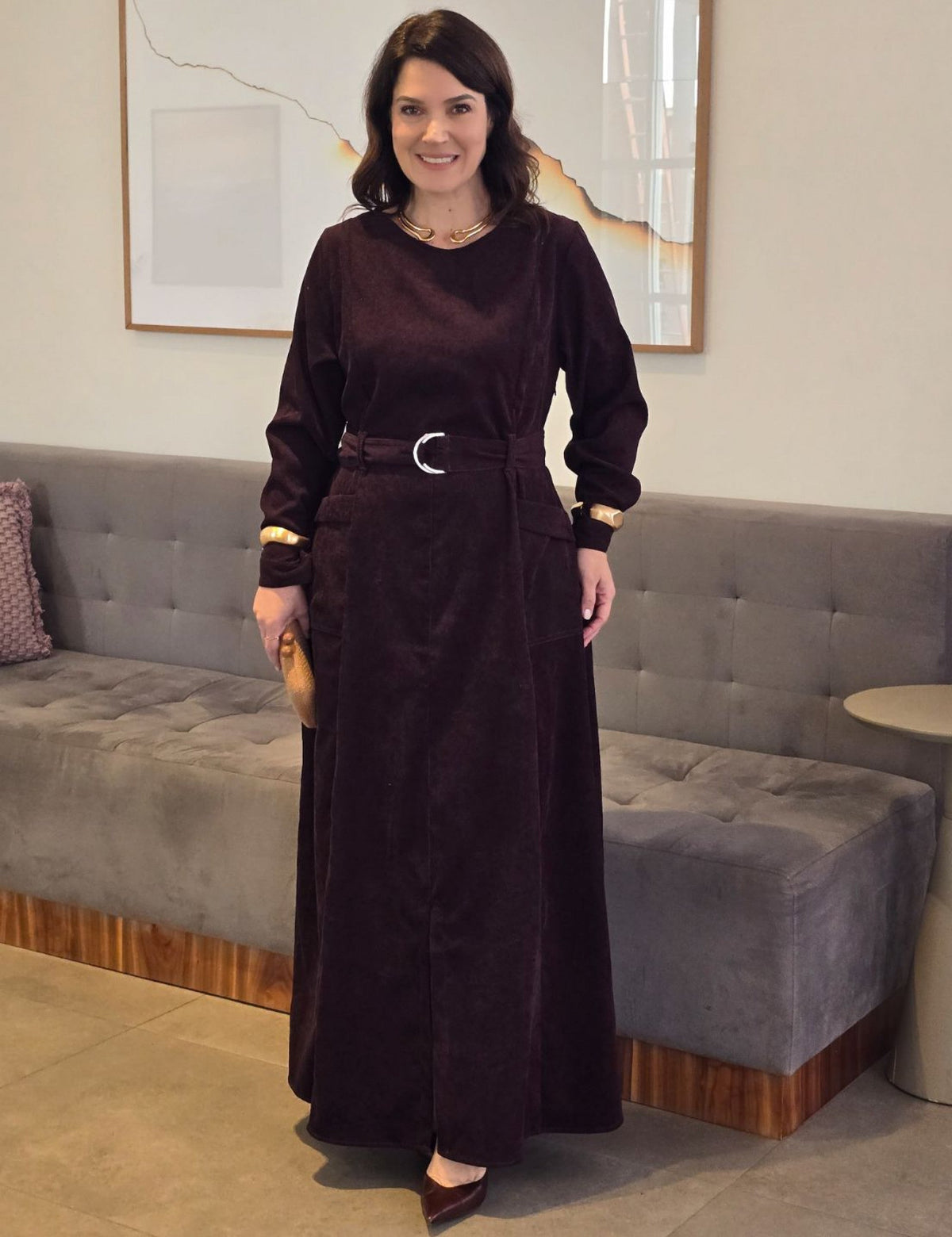 Vestido Longo Veludo Com Bolsos