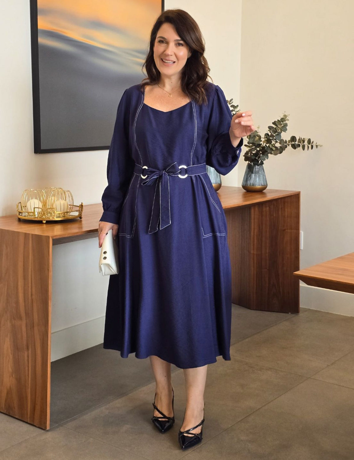 Vestido Midi Crepe Encorpado Com Pesponto