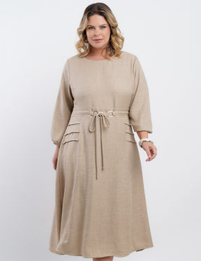 Vestido Midi Linho Poliéster Com Cintura Argola