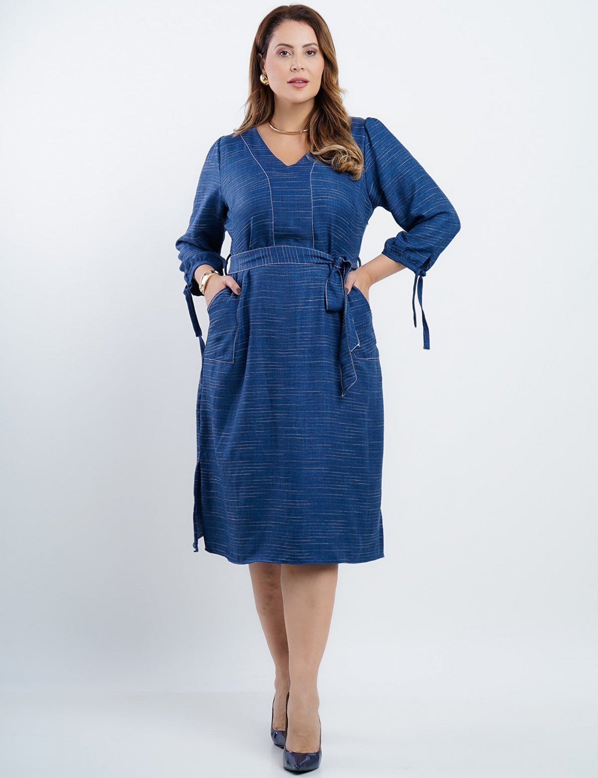 Vestido Midi Risca De Giz Com Pesponto