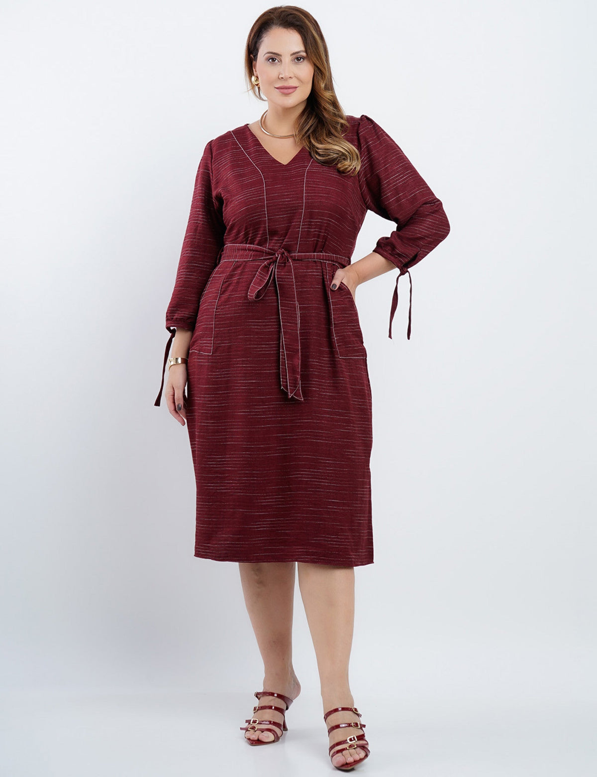 Vestido Midi Risca De Giz Com Pesponto