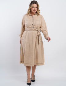 Vestido Midi Linho Misto Com Pesponto