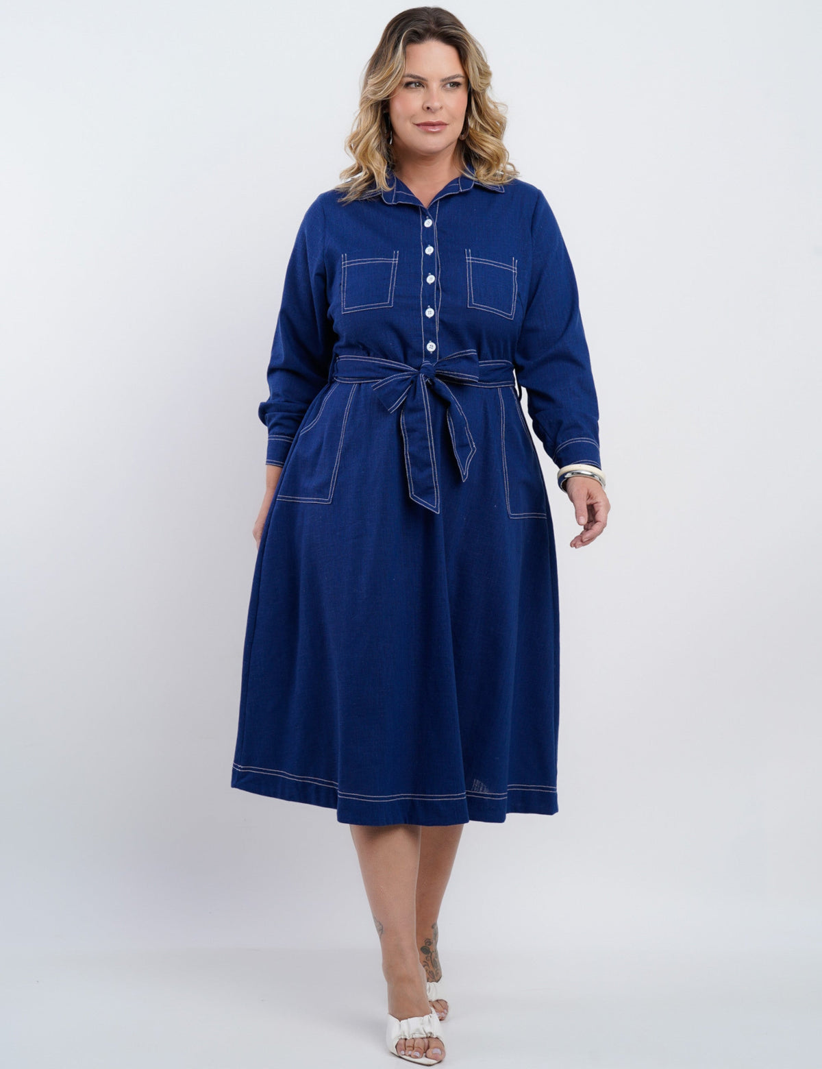 Vestido Midi Linho Misto Com Pesponto