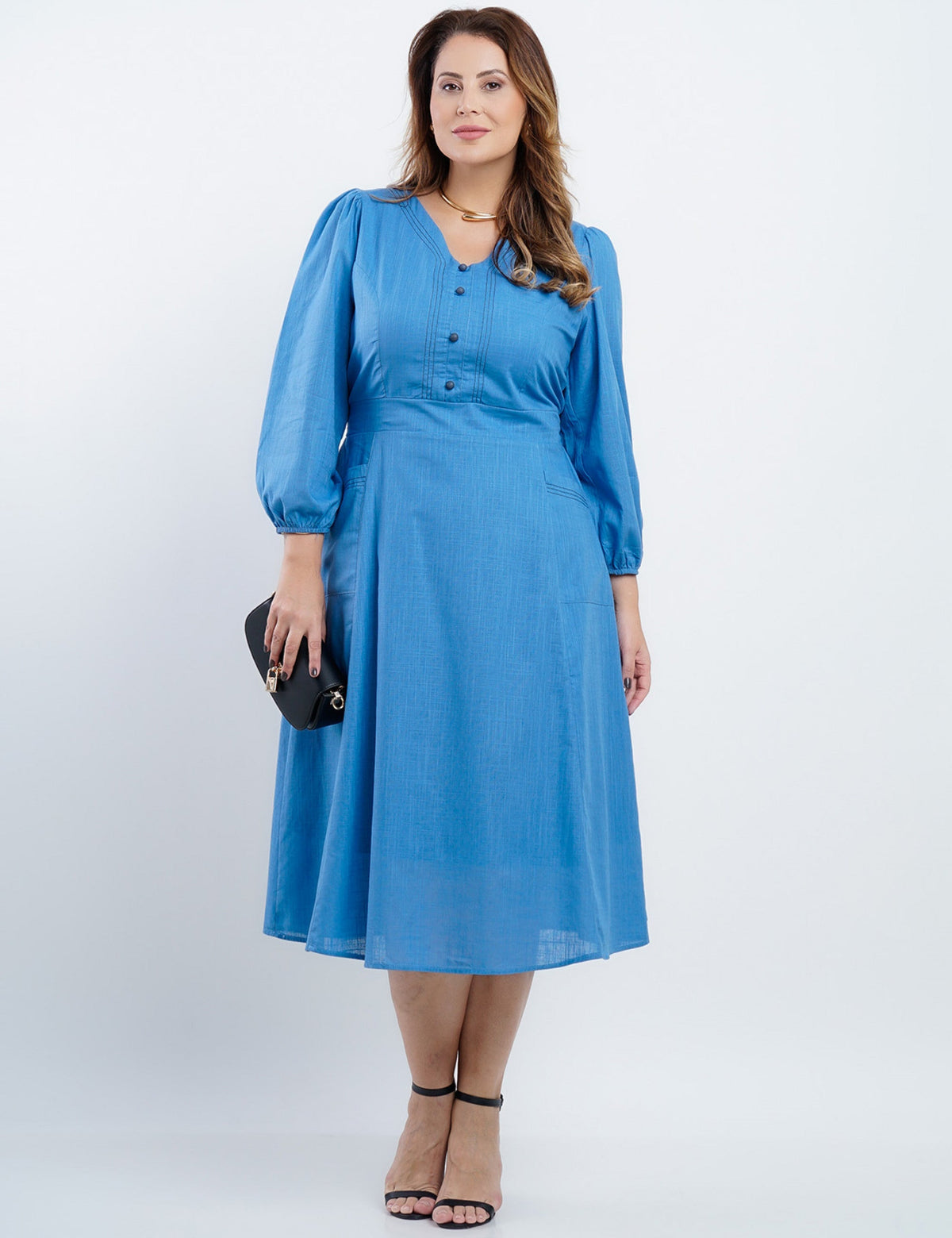 Vestido Midi Algodão Com Botões Frente