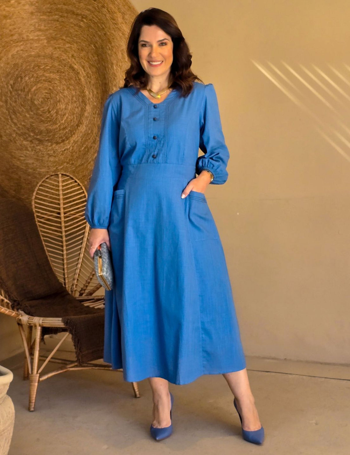 Vestido Midi Algodão Com Botões Frente