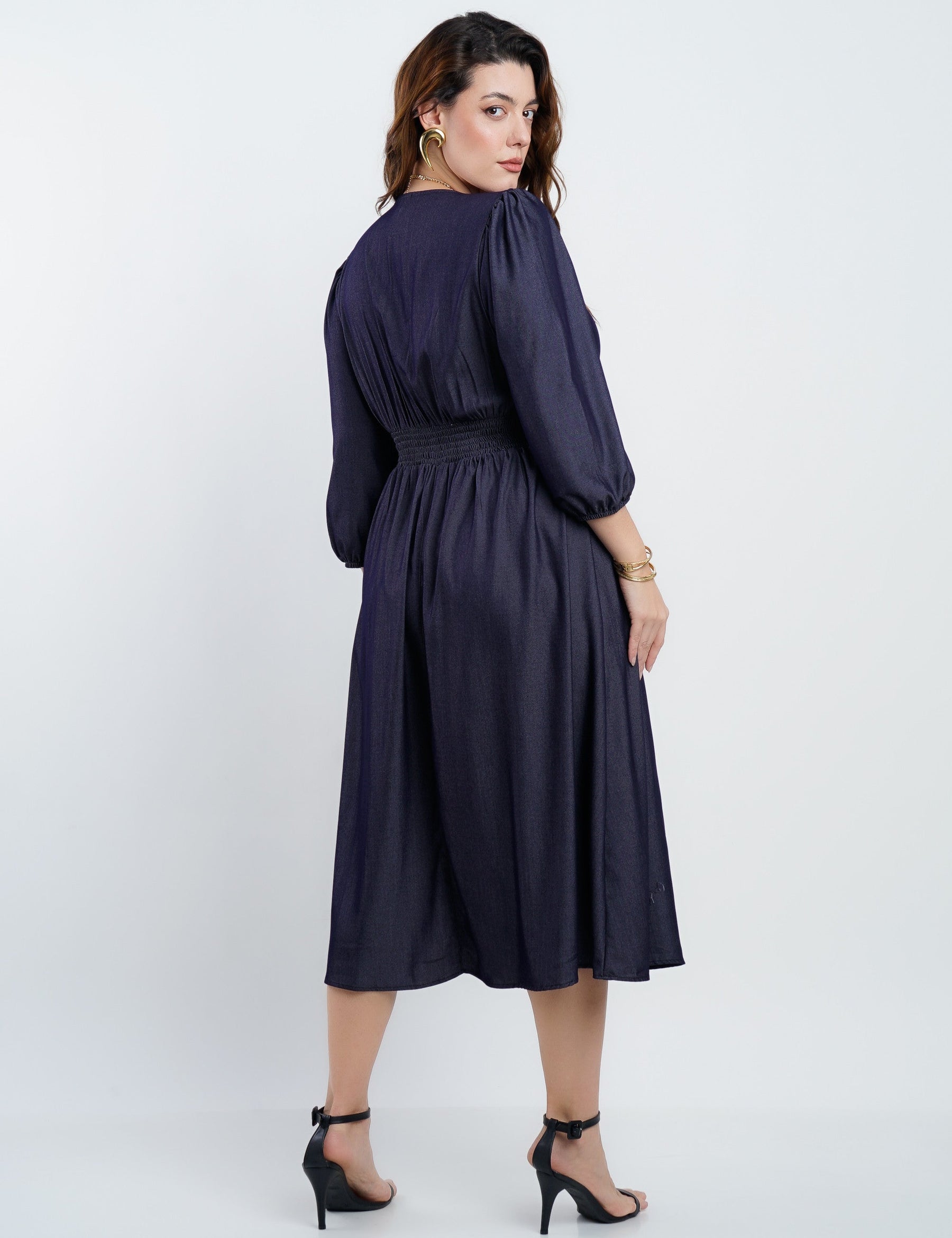 Vestido Midi Denim Com Vivo