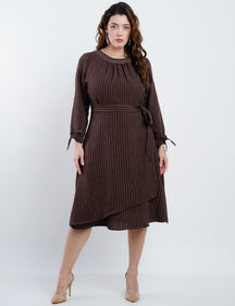 Vestido Midi Linho Poliéster Risca De Giz