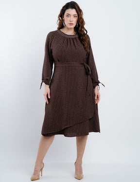 Vestido Midi Linho Poliéster Risca De Giz