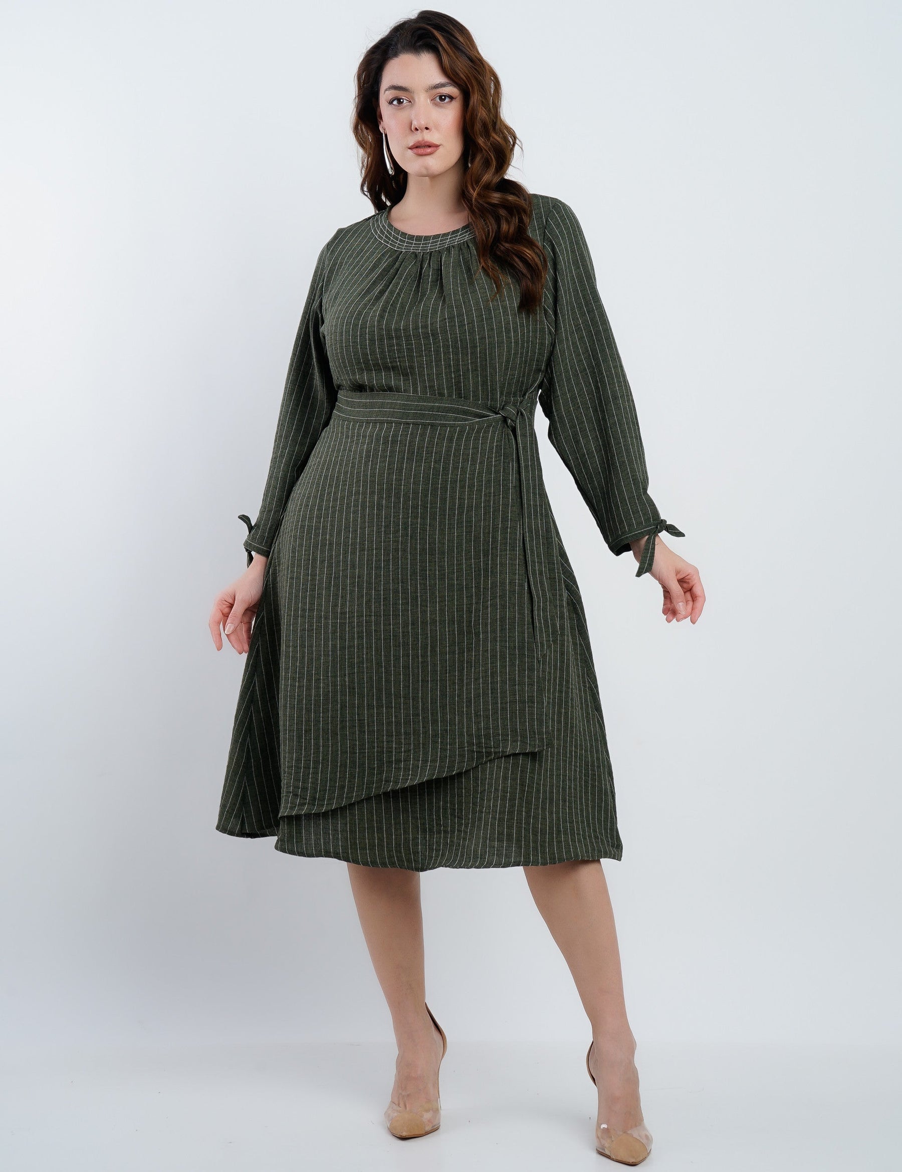 Vestido Midi Linho Poliéster Risca De Giz