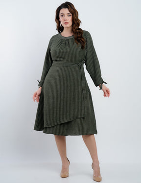 Vestido Midi Linho Poliéster Risca De Giz