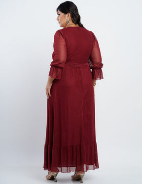 Vestido Longo Tule Listrado Com Drapeado Frente