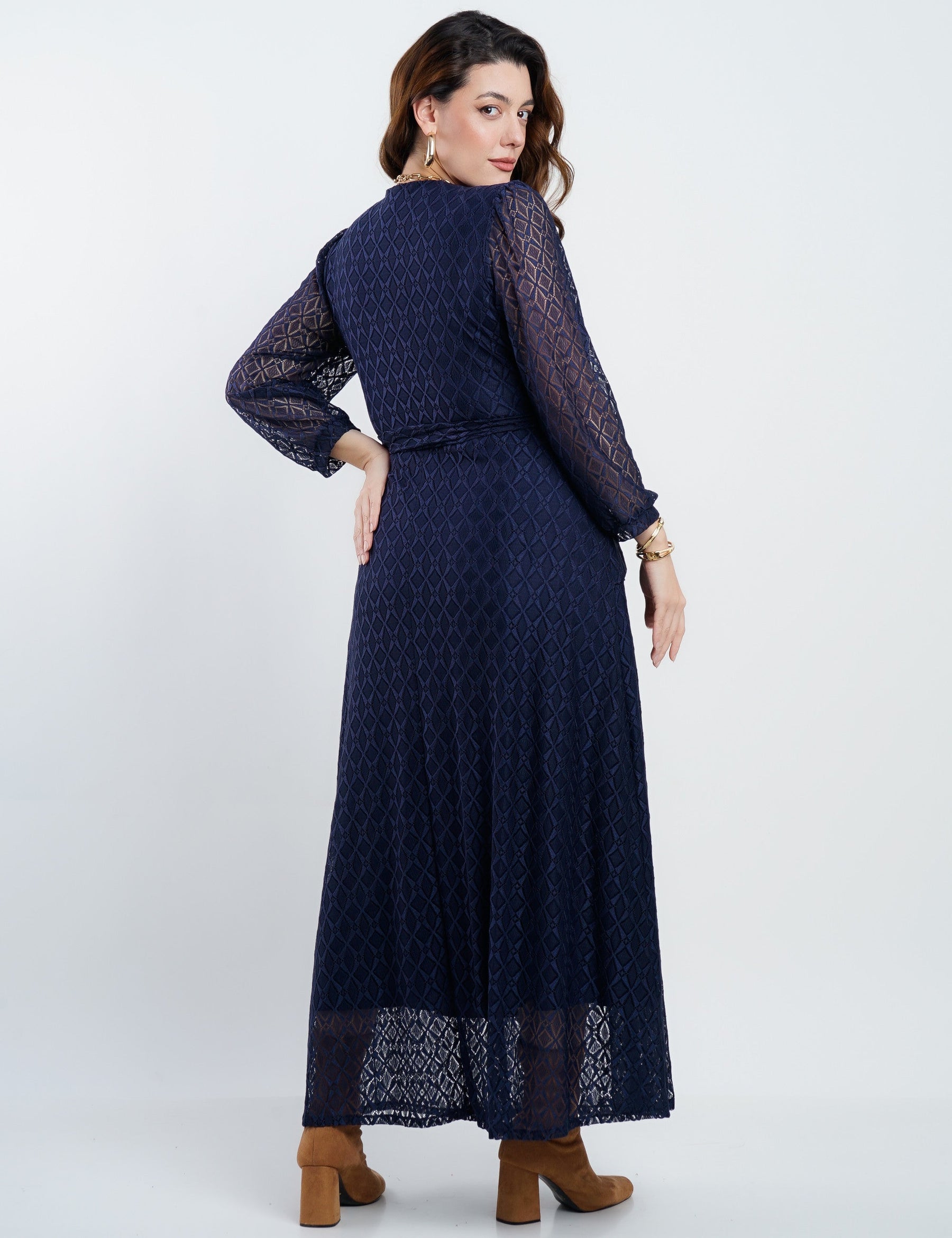 Vestido Longo Malha Renda Decote Quadrado