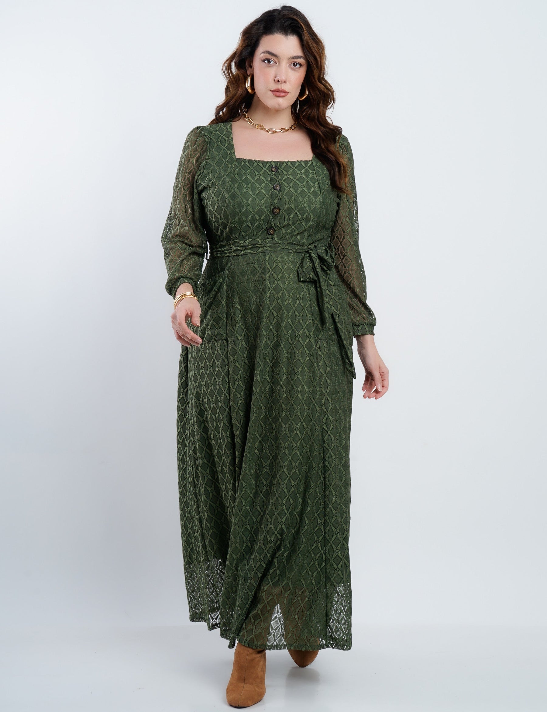 Vestido Longo Malha Renda Decote Quadrado