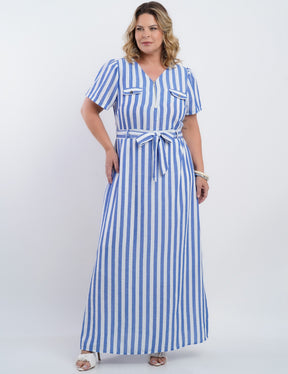 Vestido Longo Limen Listrado Com Zíper Frente