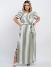 Vestido Longo Limen Listrado Com Zíper Frente