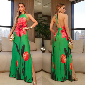 Vestido Longo Frente Única Drica Verde Floral