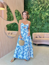 Vestido Longo em Algodão, Fundo Off White Floral Azul