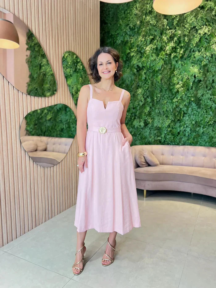 Vestido Midi Regata com Cinto Removível, Rosa