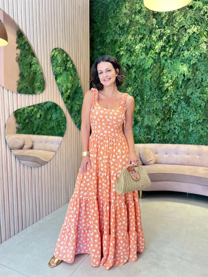 Vestido em Crepe Alcinha, Laranja Floral