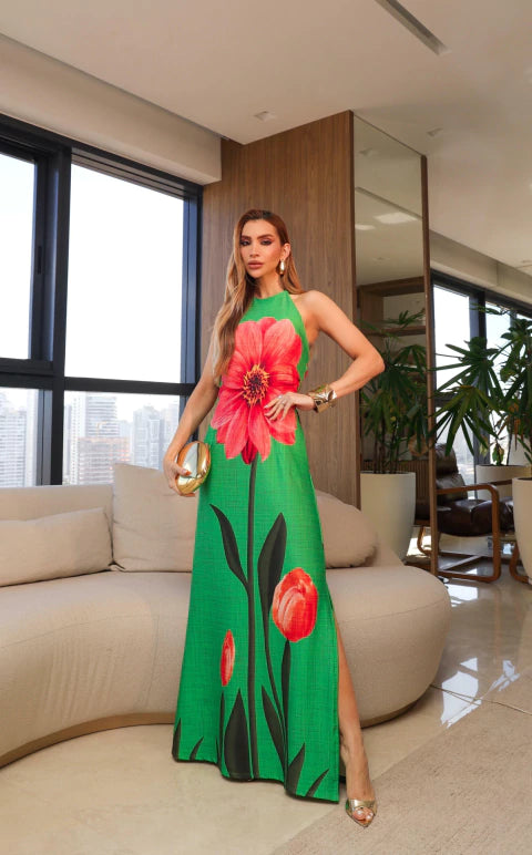 Vestido Longo Frente Única Drica Verde Floral