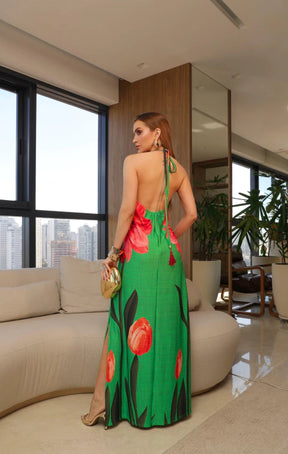 Vestido Longo Frente Única Drica Verde Floral